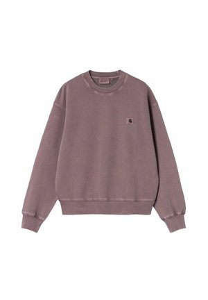 Lilla Carhartt sweatshirt med lange ærmer, ribstrikkede manchetter og kant, rund halsudskæring og lille logopatch på venstre bryst.
