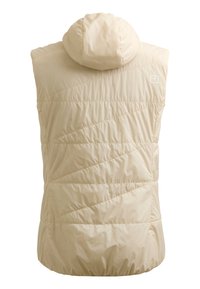 Beige ärmelleste Puffer-Weste mit Kapuze, die diagonale Steppmuster und einen elastischen Saum aufweist. Das Material wirkt glatt und leicht.