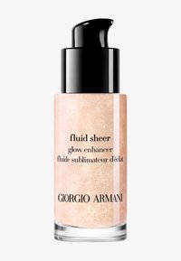 Giorgio Armani Fluid Sheer Glow Enhancer en un frasco transparente y esmerilado con tapa de bomba negra; presenta un brillo de color rosa claro y etiquetas de texto.
