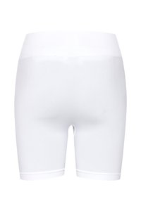 Boxers blancs sans coutures, taille haute, avec large ceinture et longueur mi-cuisse, vus de dos sur un fond uni.