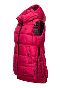 Padded vest in bright pink, featuring a zippered front, large hood, and two side pockets. Textured fabric with black accents and logo.