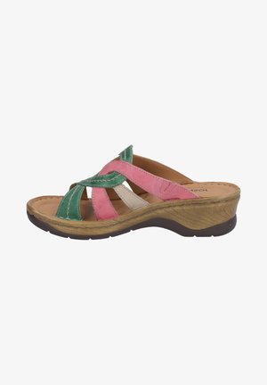 Multicolored slide sandals with green, pink, and beige leather straps, featuring a contoured wedge sole and a textured outsole.