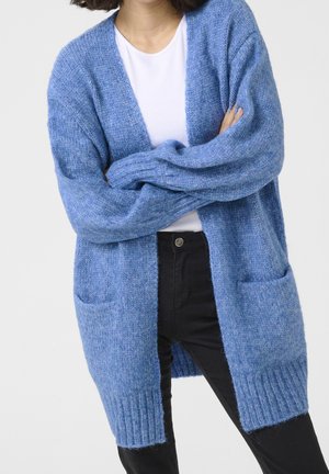Personne aux cheveux courts et foncés portant un cardigan en maille bleu sur une chemise blanche et un pantalon noir, les bras croisés, vue des épaules jusqu’à mi-cuisse.