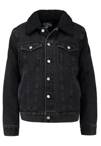 Zwarte spijkerjack met een nep-bonten kraag, knopen aan de voorkant, twee borstzakken en klassieke Western-stijl met een licht cropped pasvorm.