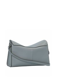 Borsa a spalla in pelle grigia con un design geometrico, dotata di una sola tracolla regolabile e cuciture pulite in tutto il corpo.