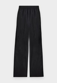 Μαύρο παντελόνι με φαρδιά παντελόνα και ελαστική μέση, κατασκευασμένο από ελαφρύ ύφασμα, απλωμένο επίπεδα σε φωτεινό φόντο.