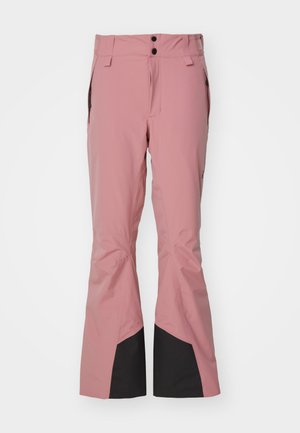 Pink ski pants with a waterproof material, featuring a wide leg design, black accents at the ankles, and two front buttons at the waist.