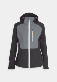 Veste softshell noire et grise pour femme avec capuche, fermeture éclair intégrale à l'avant, et poche poitrine verticale avec fermeture éclair blanche et tirettes jaunes.