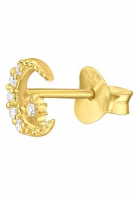 Orecchino a perno placcato oro a forma di luna crescente, con pietre trasparenti e dettagli in puntini, dotato di chiusura a pressione.
