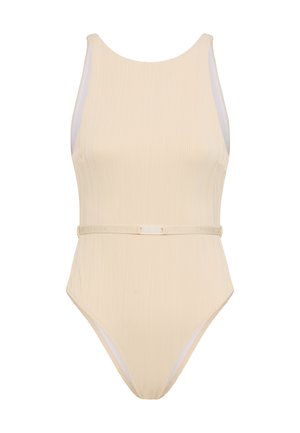 Bež jednodijelni kupaći kostim s teksturiranim valovitim uzorkom, s bijelim bočnim detaljima i remenom u srednjem dijelu s diskretnim logom.