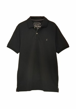 Schwarzes Polohemd mit kurzen Ärmeln, Kragen, Zwei-Knopf-Leiste, kleinem gesticktem Logo auf der Brust und seitlichen Schlitzen am Saum.