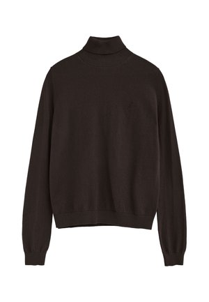 Jersey de cuello alto marrón oscuro de manga larga con cuello, puños y dobladillo acanalados, mostrado sobre fondo blanco.