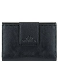 Zwarte leren portemonnee met een gestructureerde afwerking, uitgerust met een sluiting met een voorflap en een geperst logo. Compact rechthoekig ontwerp.