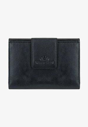 Black leather wallet with a textured finish, featuring a front flap closure and embossed logo detail. Compact rectangular design.