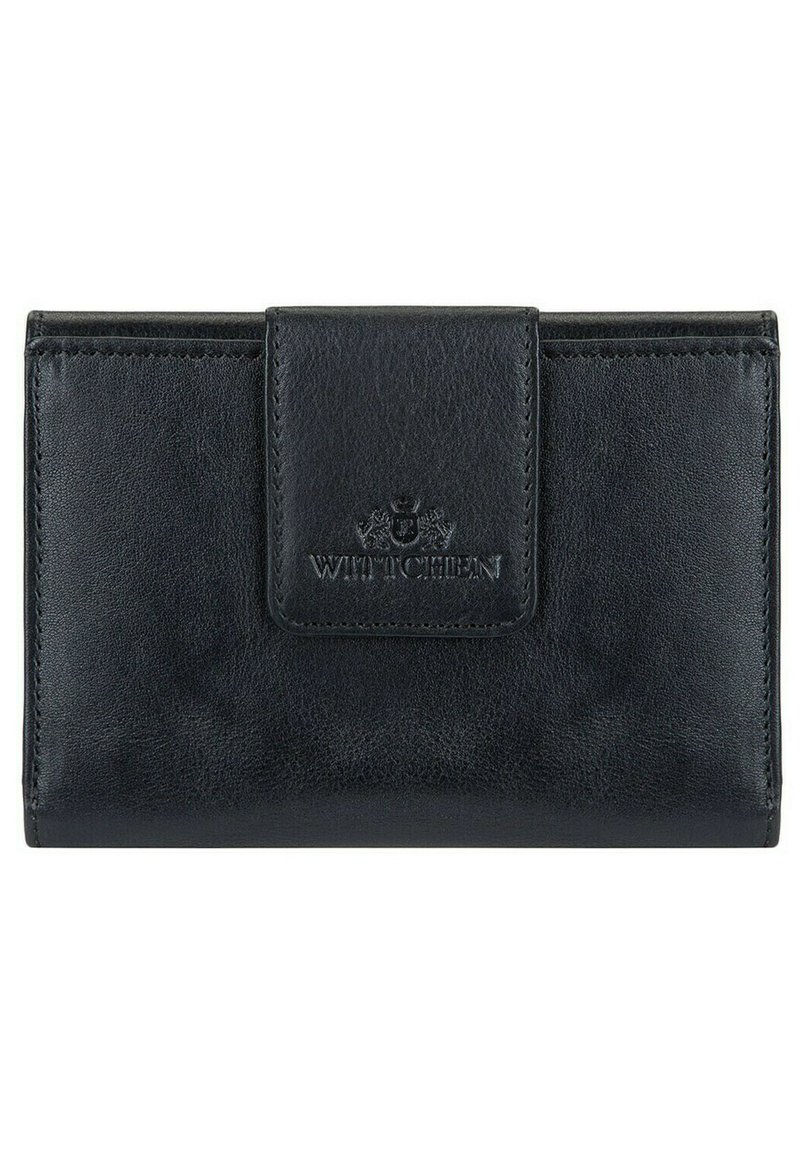 Zwarte leren portemonnee met een gestructureerde afwerking, uitgerust met een sluiting met een voorflap en een geperst logo. Compact rechthoekig ontwerp.