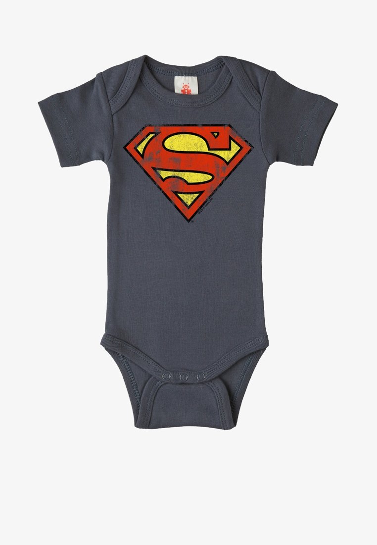 Gray cotton short-sleeve onesie featuring a large, distressed red and yellow Superman logo on the front. Snap closure at the bottom.
