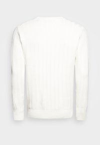 Biały sweter dziany o prążkowanej strukturze, z okrągłym dekoltem i długimi rękawami. Charakteryzuje się jednolitym wzorem na całej tkaninie.