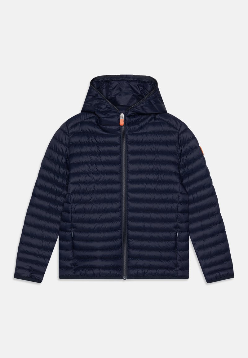 Ναυτικό μπλε επενδυμένη ζακέτα με φερμουάρ μπροστά και κουκούλα, με οριζόντια ραφή και ελαφριά σχεδίαση, και πορτοκαλί τράβηγμα φερμουάρ.