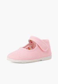 Rosa Leinenschuh mit runder Zehenform, Klettverschluss und gemustertem Innenfutter. Verfügt über eine weiße Gummisohle und eine weiche Textur.