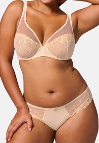 Beige bra and matching panties with sheer fabric. The bra features floral embroidery in pink and yellow, with a smooth, comfortable design.