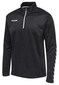 Pullover nero a maniche lunghe con colletto a zip a un quarto, tessuto testurizzato, dettagli laterali bianchi e grigi, e logo sul petto.