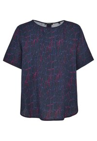 Top a maniche corte blu navy con un motivo astratto caratterizzato da linee verticali rosa e viola. Design a girocollo con vestibilità rilassata.