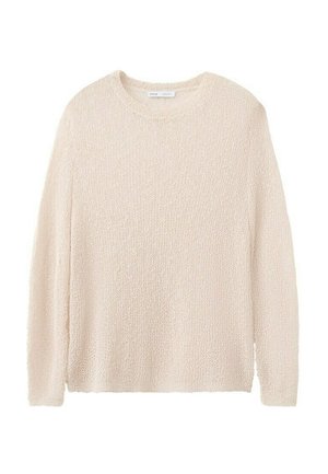 Pull en maille texturée à manches longues de couleur crème, avec un col rond et une coupe décontractée.