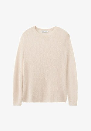 Pull en maille texturée à manches longues de couleur crème, avec un col rond et une coupe décontractée.