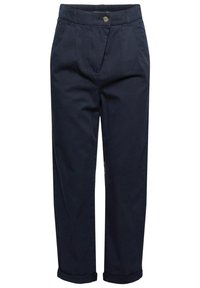 Pantalon bleu marine en coton avec une coupe décontractée, doté d'une fermeture à un bouton, de plis à l'avant et de revers retroussés.