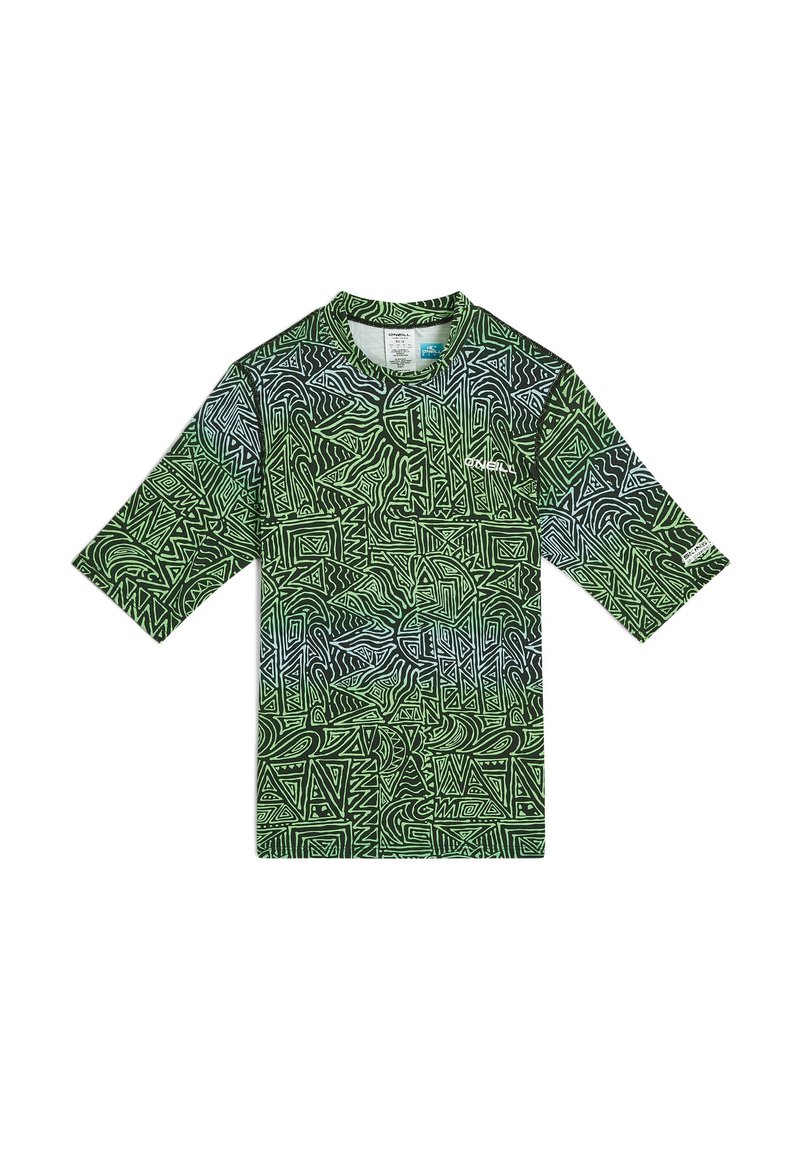 Grön kortärmad t-shirt med abstrakta svarta och blå geometriska mönster, rund hals och en mjuk, lätt textur.