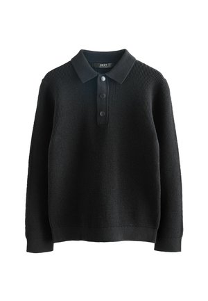Pull noir à design tissé texturé. Présente un col, une patte de boutonnage à trois boutons et des poignets et un ourlet côtelés. Simple et polyvalent.