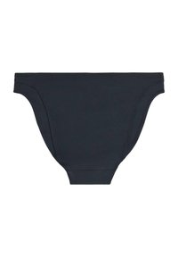 Černé bikini kalhotky vyrobené z elastické látky, s jednoduchým designem, hladkým povrchem a elastickým pasem. Bez vzorů nebo akcentů.
