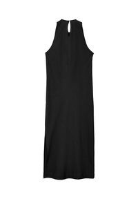 Schwarzes ärmelloses Kleid mit hoch geschnittenem Hals, einem Schlüsselloch-Rücken und Seitenschlitzen; glattes Material mit einem schrägen Nahtdetail.