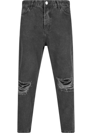 Jeans in denim neri con un fit slim, dotati di strappi logori alle ginocchia, design a cinque tasche, chiusura con bottone e leggere sfumature per aggiungere texture.