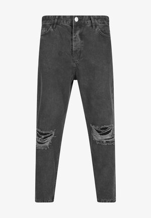 Schwarze Denim-Jeans im Slim-Fit-Stil mit aufgerissenen Knien, Fünf-Taschen-Design, Knopfverschluss und dezentem Verblassen für eine strukturierte Optik.