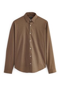 Camisa marrón de botones con un patrón circular por toda la superficie, que presenta un cuello clásico, mangas largas y cierre frontal de botones. Textura de tela suave.