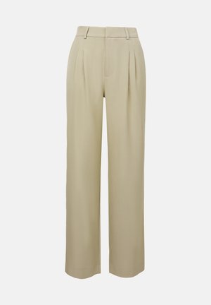 Beige vida byxor i slätt tyg, med framfåll, skuren midja och sidofickor. Rent fållavslut.