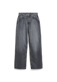Donkergrijze rechte jeans met voorzakken, riemlussen, knoop en ritssluiting.