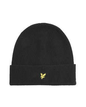 Zwart gebreide beanie met een geribbelde textuur, voorzien van een omvouwbare rand en een klein gele logo geborduurd aan de voorkant.