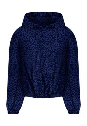 Navy blue hooded jacket with black leopard print, elastic cuffs, and waistband, displayed on a white background.