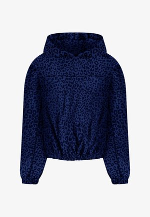 Navy blue hooded jacket with black leopard print, elastic cuffs, and waistband, displayed on a white background.