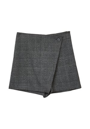 Pantaloni corti a quadretti grigi caratterizzati da un design a portafoglio, una chiusura con un solo bottone e un tessuto testurizzato con una finitura morbida. Orlo standard senza tasche.
