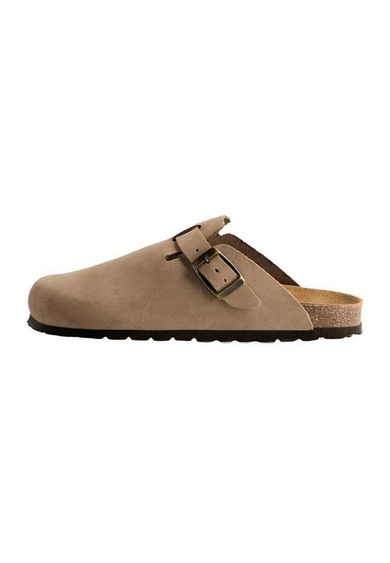 Brown suede clog with a single strap and metal buckle. Features a cork footbed and a textured rubber sole for grip.