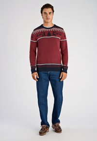 Röd stickad tröja med marinblå detaljer, med ett mönstrat ok, renmotiv och texturerade ärmar. Matchas med blå jeans och bruna skor.