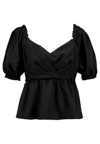 Černý peplum top vyrobený z hladké tkaniny, s výstřihem do V, balónovými krátkými rukávy a nařasenými detaily na rukávech a pase.