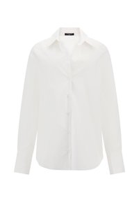 Camicia bianca a maniche lunghe con bottoni, realizzata in tessuto liscio, caratterizzata da un colletto classico e un taglio dritto con maniche con polsini.