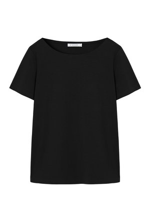 Schwarzes T-Shirt mit rundem Ausschnitt, kurzen Ärmeln, hergestellt aus weichem Baumwollstoff, mit einem einfachen, nahtlosen Design ohne Muster oder Verzierungen.