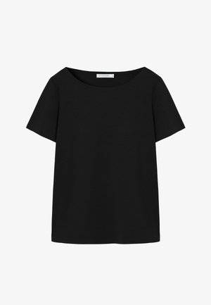 Črna majica s kratkimi rokavi, okroglim izrezom, narejena iz mehkega bombažnega materiala, z enostavnim, brezšivnim dizajnom brez vzorcev ali okraskov.