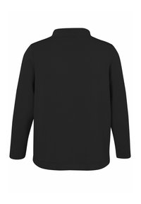Black long-sleeve shirt with a classic collar and rounded hem. Made from soft fabric with a smooth texture, featuring no patterns or accents.