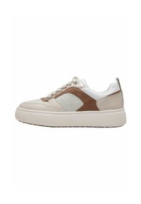 Kvinnors sneakers med en blandning av beige och bruna material, en texturerad mesh-övre och en tjock vit plattformssula. Runda skosnören och en hälflik.